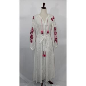 ELEVEN March 11 Sz XS Ivory Linen Pink Embroidered Belted Midi Dress